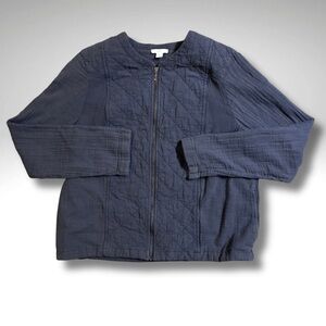 J. Jill Quilted Textured Gauze Cotton Dark Blue Zip Jacket